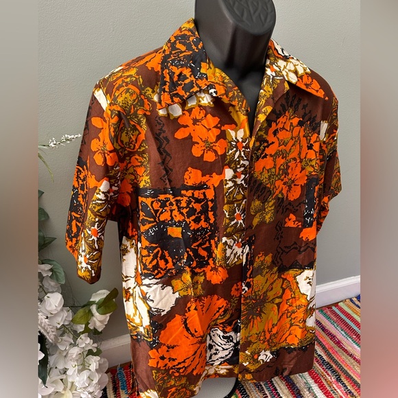 80s Hawaiian Tropical Button Up Aloha Shirt Flower Tribal Vintage Orange Large - Picture 4 of 7